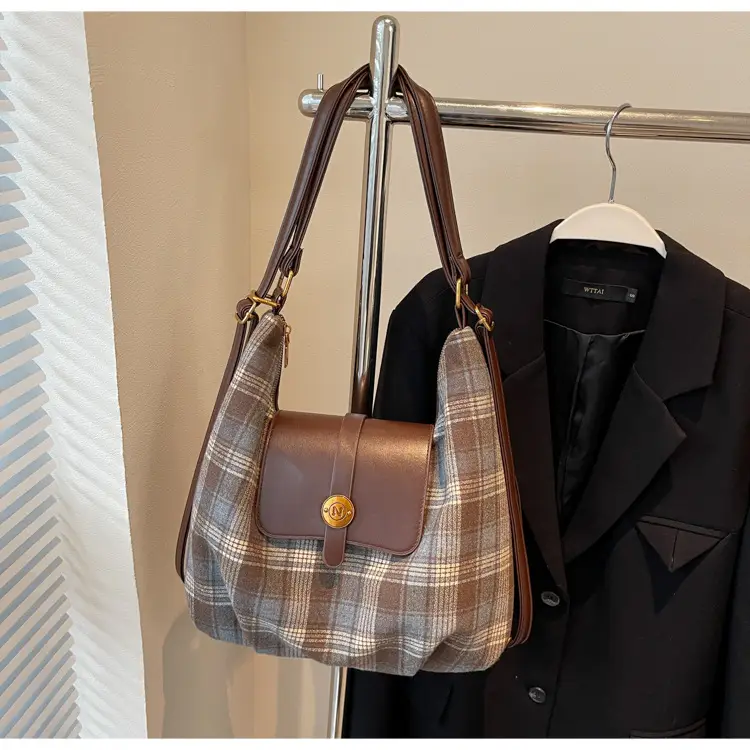 Women Plaid Check Shoulder Bag Large Capacity Travel Backpack - Image 2