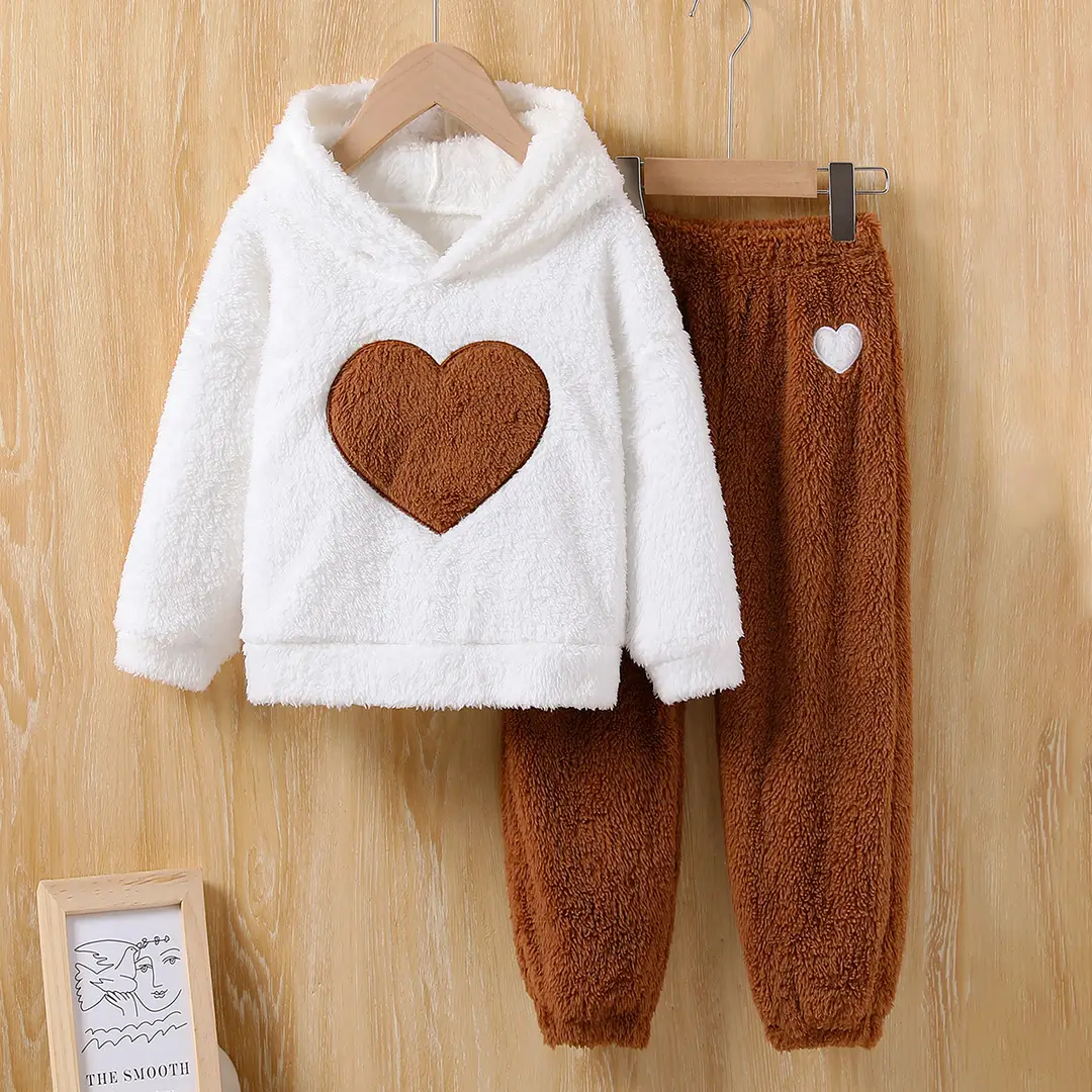 Cross-Border Autumn and Winter Girls' Fleece Sweatshirt Set with Heart Pattern Round Neck Long-Sleeved Top Kidsren's Warm Home Clothes