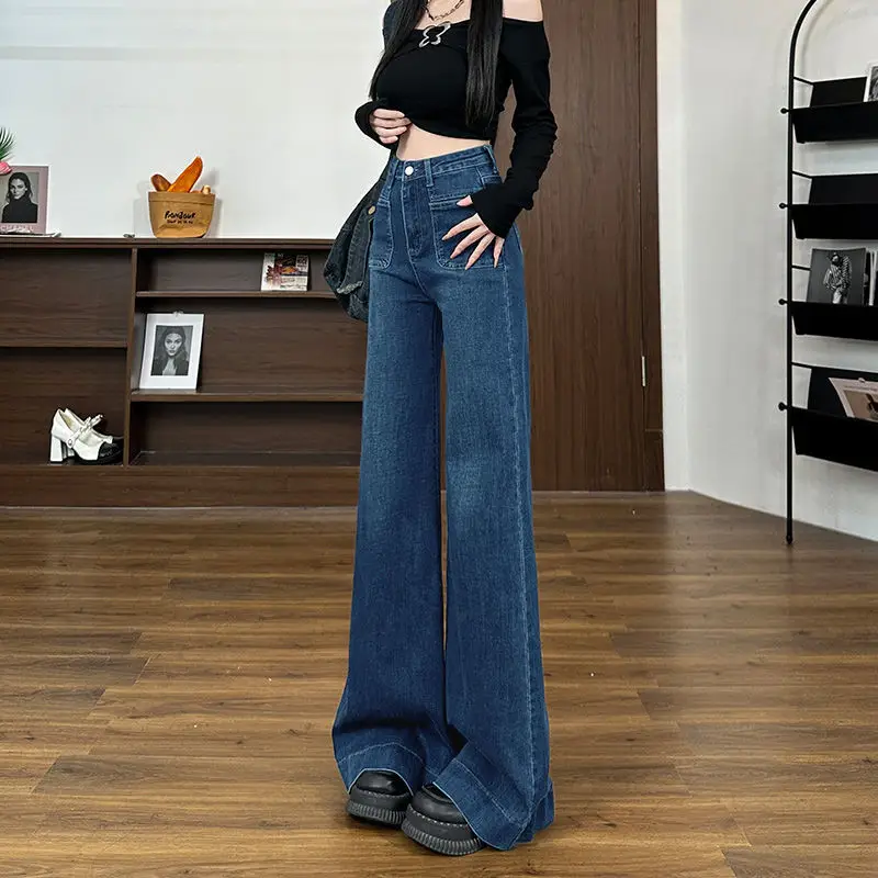 Dark Blue Wide Leg Jeans Women's Autumn 2024