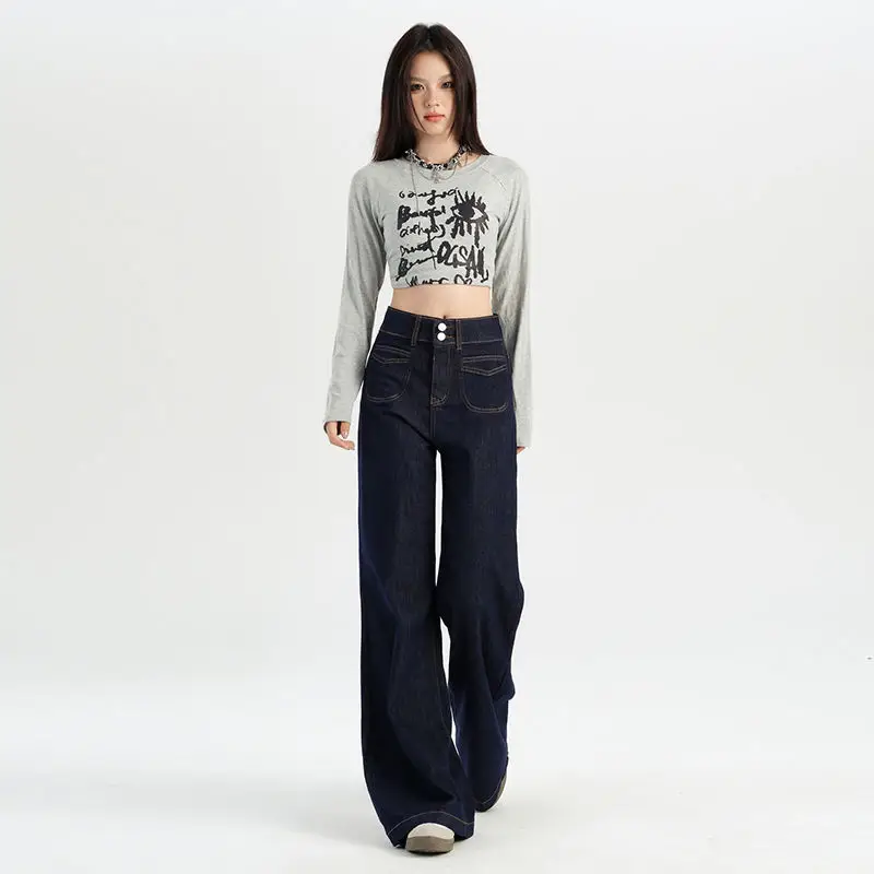 Dark Blue Vintage Wide Leg Jeans Women 2024