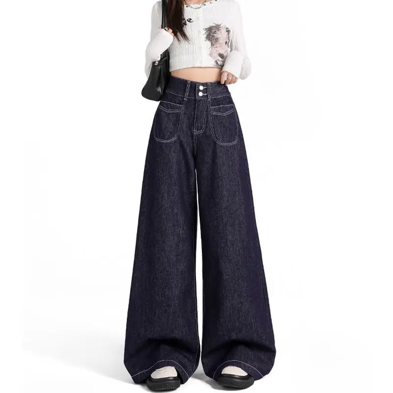 Vintage Dark Blue Wide Leg Jeans 2024 Autumn