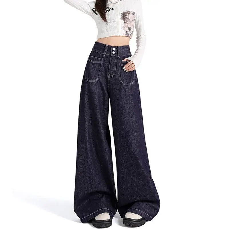Vintage Dark Blue Wide Leg Jeans 2024 Autumn
