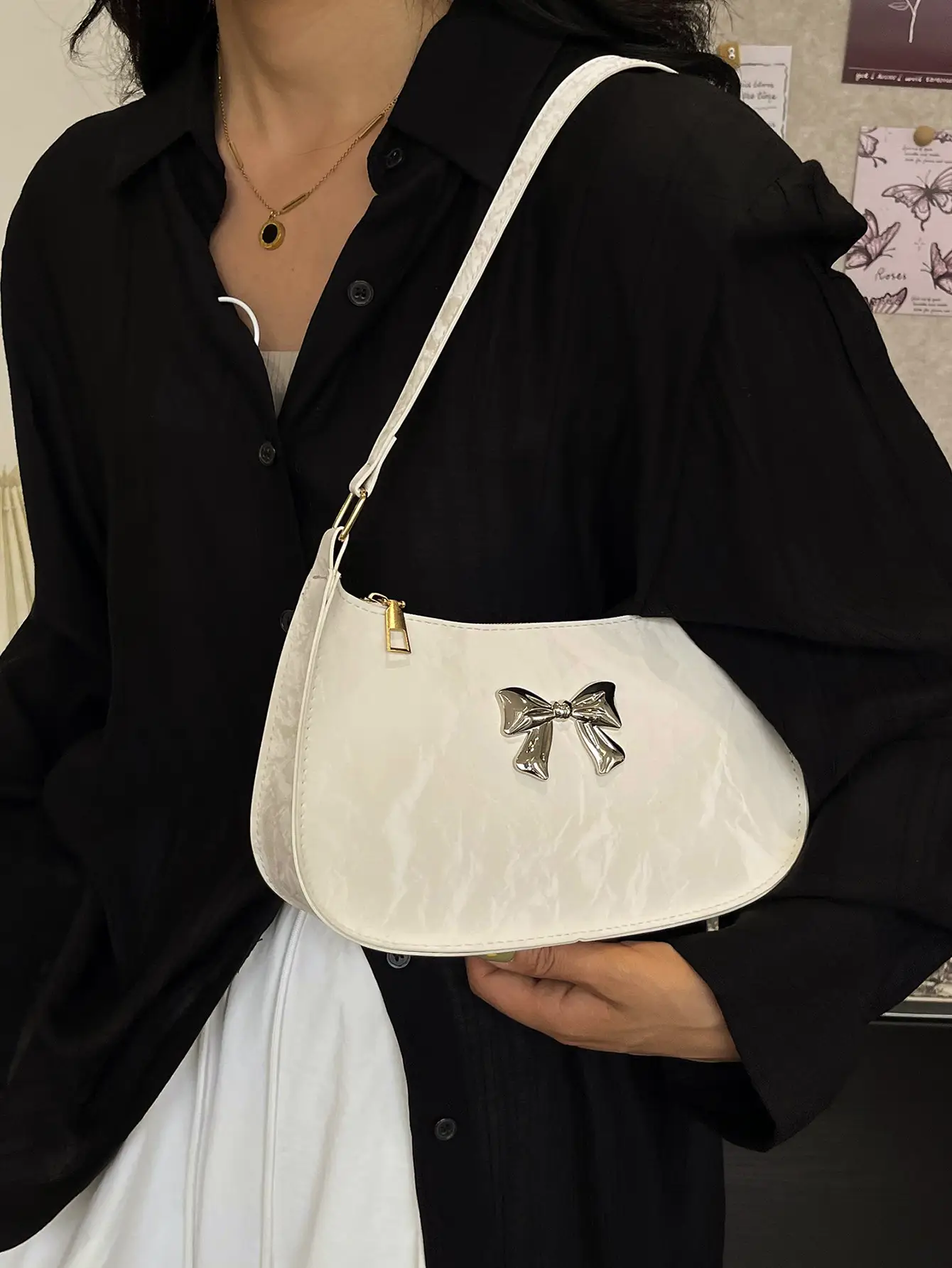 White Bow Embroidered Shoulder Bag for Women - Image 6