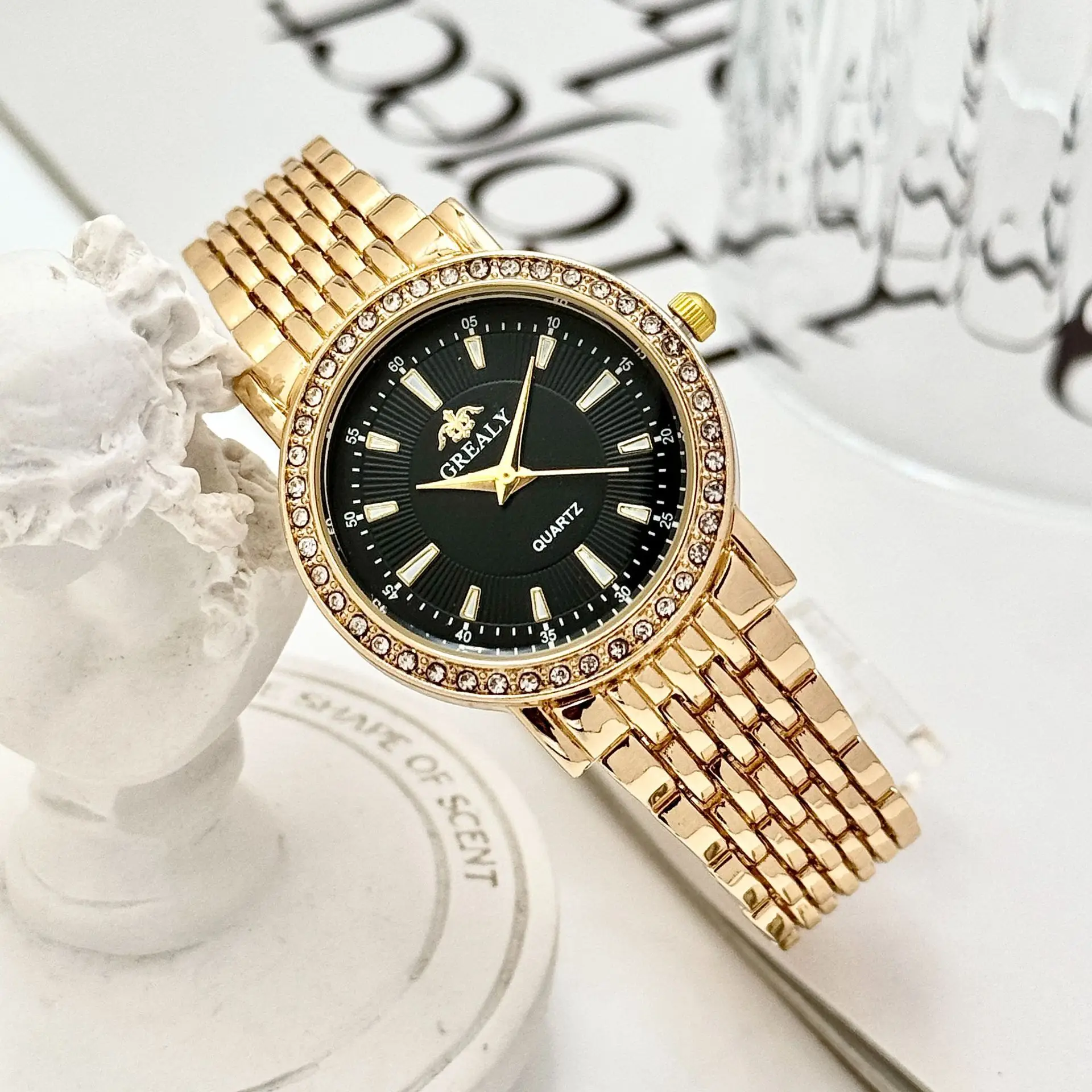 Gold Diamond Encrusted Women's Quartz Watch - Image 2