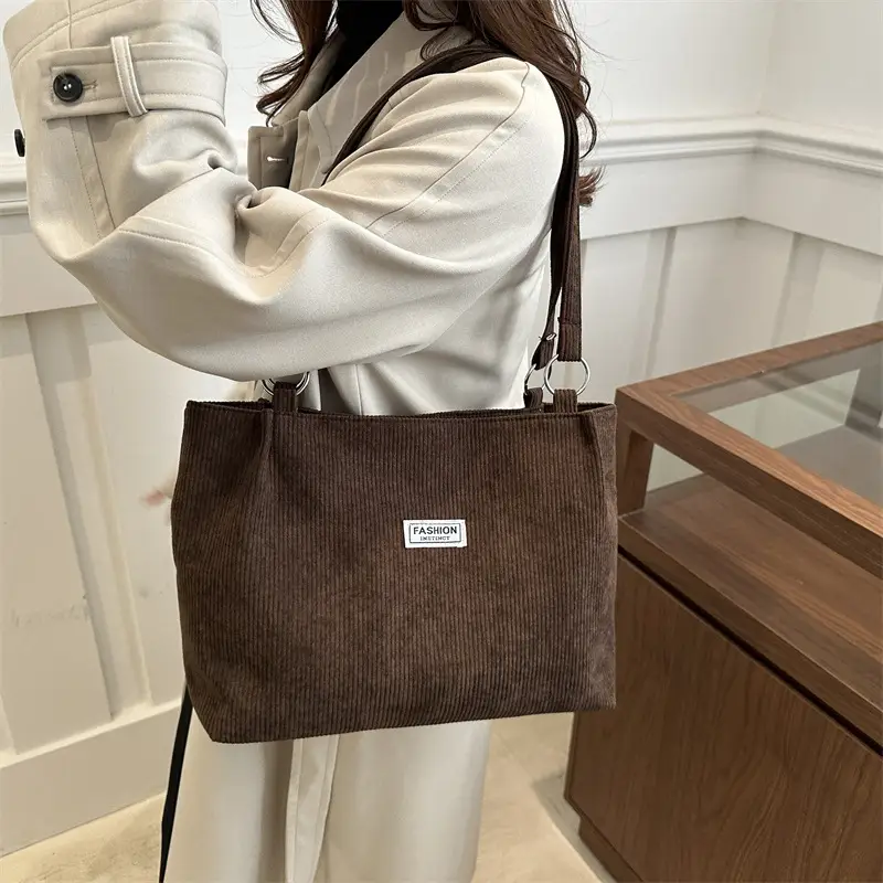 Women Brown Striped Tote Bag with Long Strap - Image 9