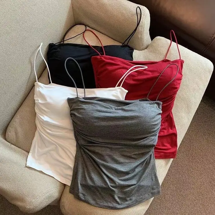 Hot Girls Pleated Thin Shoulder Strap Small Camisole Vest Women's Inner Wear Sweet Style Sleeveless Outer Wear Inner Wear Girl's Slimming Top