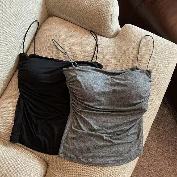 Hot Girls Pleated Thin Shoulder Strap Small Camisole Vest Women's Inner Wear Sweet Style Sleeveless Outer Wear Inner Wear Girl's Slimming Top