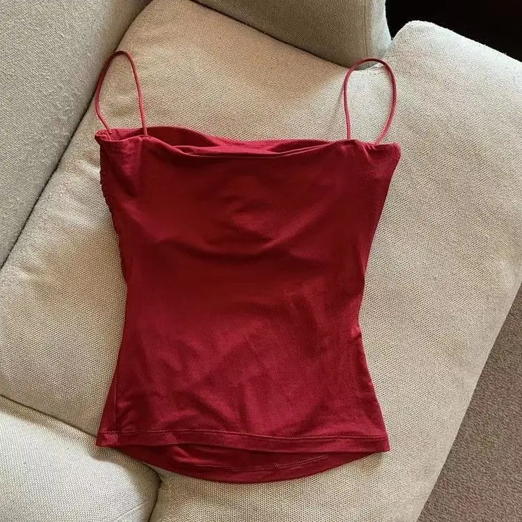 Hot Girls Pleated Thin Shoulder Strap Small Camisole Vest Women's Inner Wear Sweet Style Sleeveless Outer Wear Inner Wear Girl's Slimming Top — feature 11