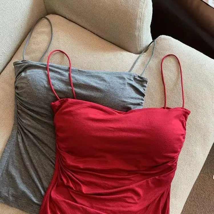 Hot Girls Pleated Thin Shoulder Strap Small Camisole Vest Women's Inner Wear Sweet Style Sleeveless Outer Wear Inner Wear Girl's Slimming Top — feature 14