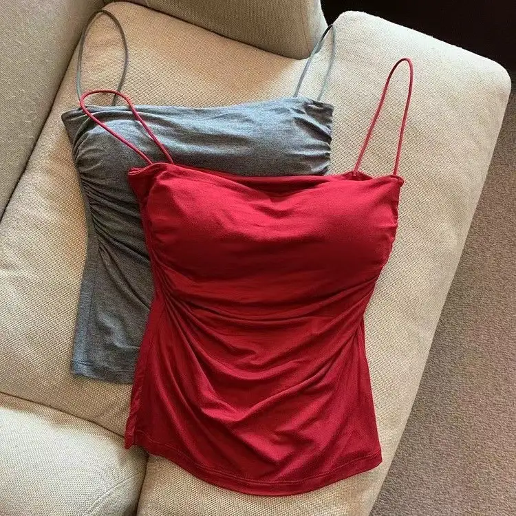 Hot Girls Pleated Thin Shoulder Strap Small Camisole Vest Women's Inner Wear Sweet Style Sleeveless Outer Wear Inner Wear Girl's Slimming Top — feature 15