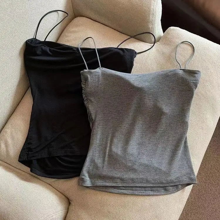 Hot Girls Pleated Thin Shoulder Strap Small Camisole Vest Women's Inner Wear Sweet Style Sleeveless Outer Wear Inner Wear Girl's Slimming Top — feature 16
