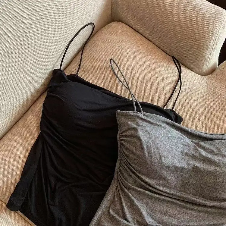 Hot Girls Pleated Thin Shoulder Strap Small Camisole Vest Women's Inner Wear Sweet Style Sleeveless Outer Wear Inner Wear Girl's Slimming Top — feature 4