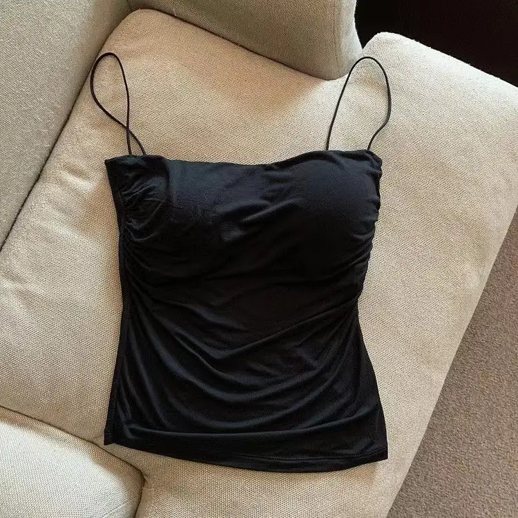 Hot Girls Pleated Thin Shoulder Strap Small Camisole Vest Women's Inner Wear Sweet Style Sleeveless Outer Wear Inner Wear Girl's Slimming Top — feature 7