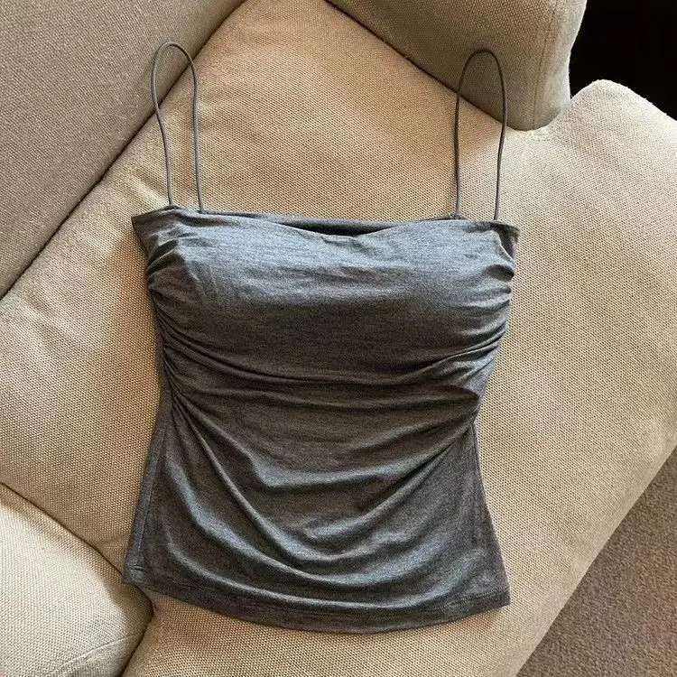 Hot Girls Pleated Thin Shoulder Strap Small Camisole Vest Women's Inner Wear Sweet Style Sleeveless Outer Wear Inner Wear Girl's Slimming Top — feature 9