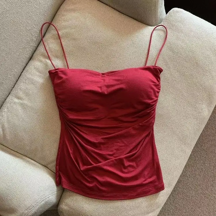 Hot Girls Pleated Thin Shoulder Strap Small Camisole Vest Women's Inner Wear Sweet Style Sleeveless Outer Wear Inner Wear Girl's Slimming Top