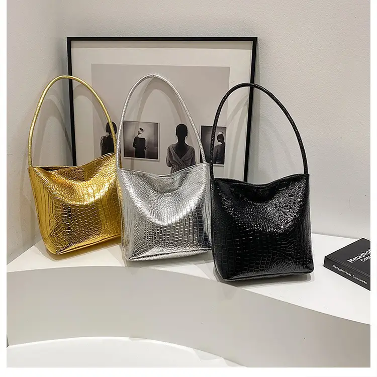 Women's Croc Leather Shoulder Bag Gold Silver Black - Image 4