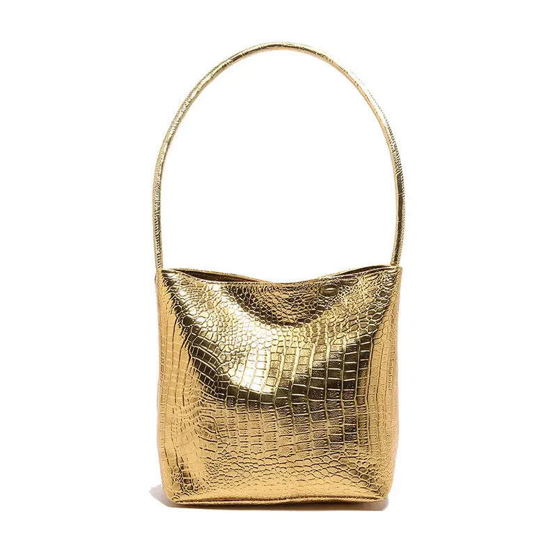 Women's Croc Leather Shoulder Bag Gold Silver Black - Image 7