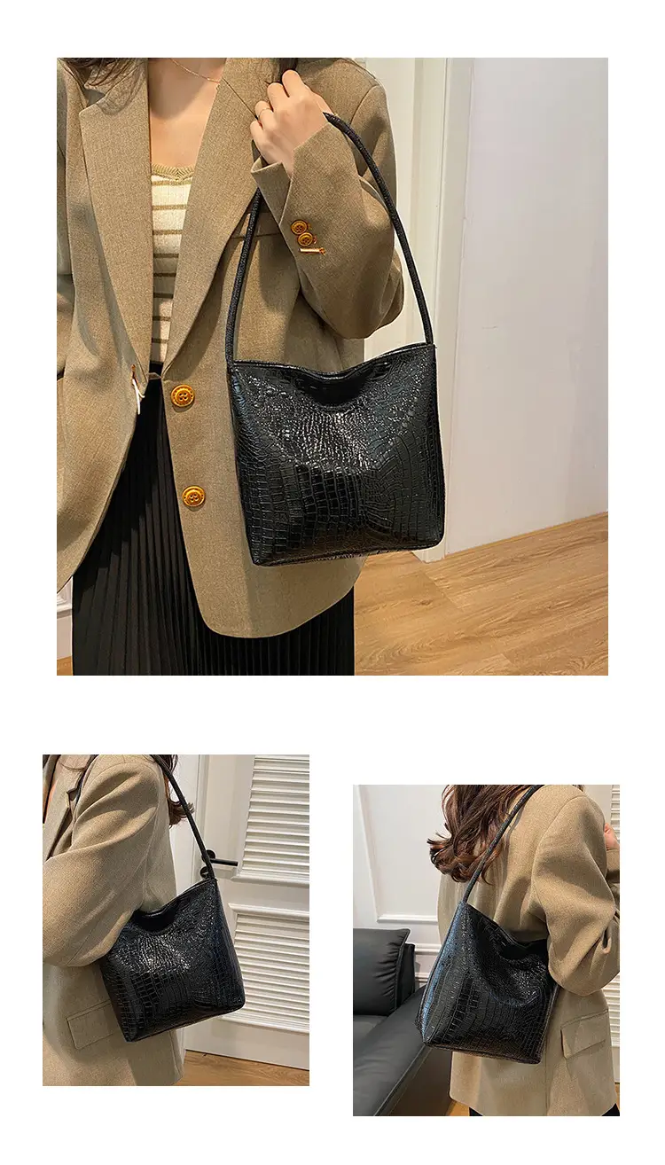 Women's Croc Leather Shoulder Bag Gold Silver Black — feature 22