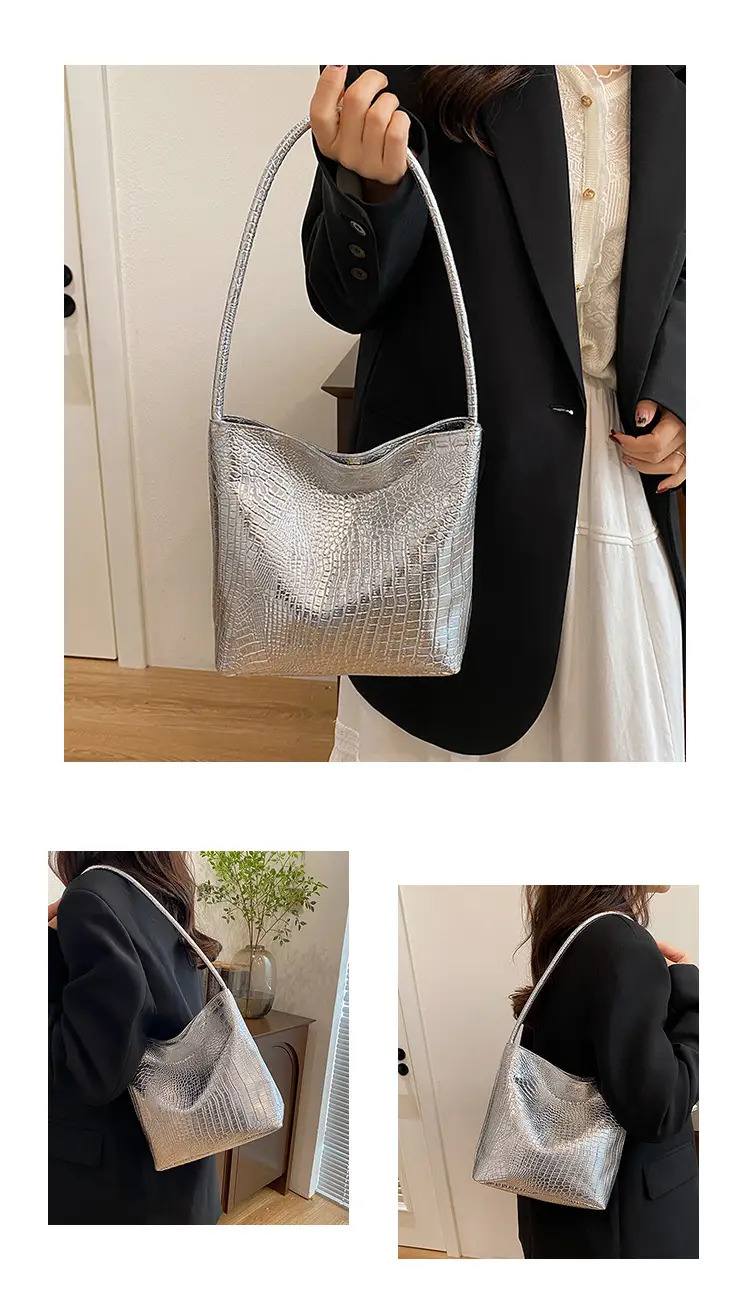 Women's Croc Leather Shoulder Bag Gold Silver Black — feature 23