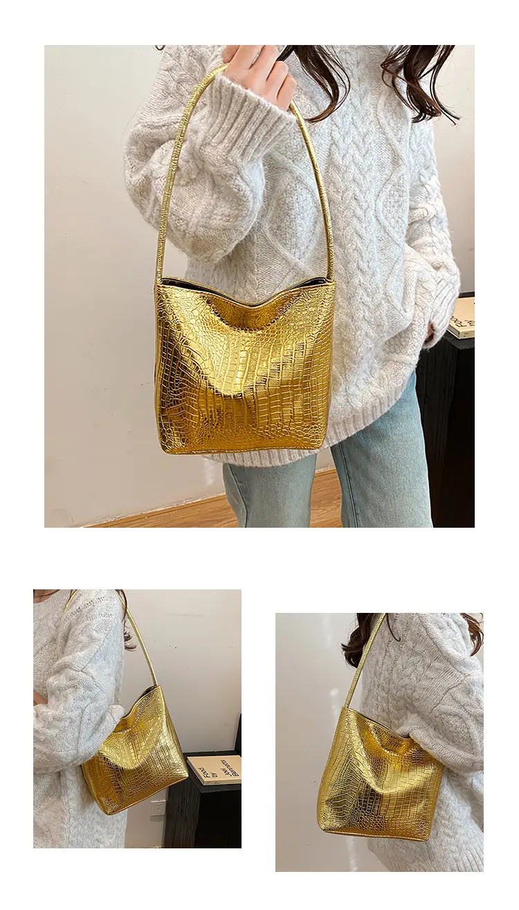 Women's Croc Leather Shoulder Bag Gold Silver Black — feature 24