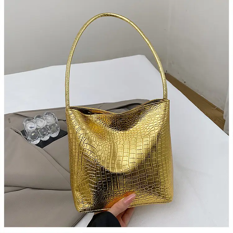 Women's Croc Leather Shoulder Bag Gold Silver Black - Image 2