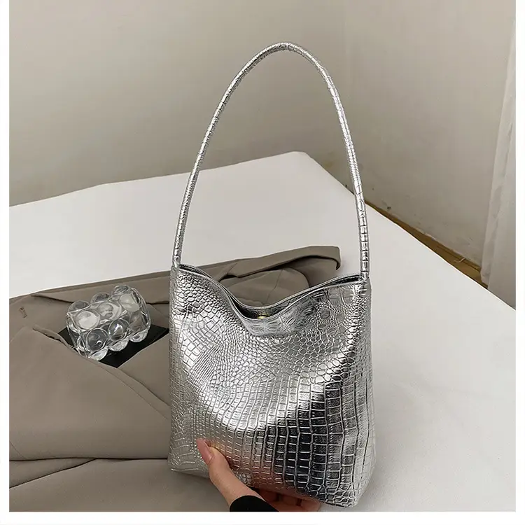 Women's Croc Leather Shoulder Bag Gold Silver Black - Image 3