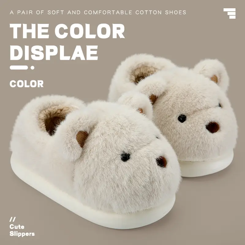 Cotton Slippers with Heel for Men and Women Couple Mao Mao Shoes Non-slip Warm Winter Home fleece-lined Thickened Cute Bear Cotton Shoes - Image 2