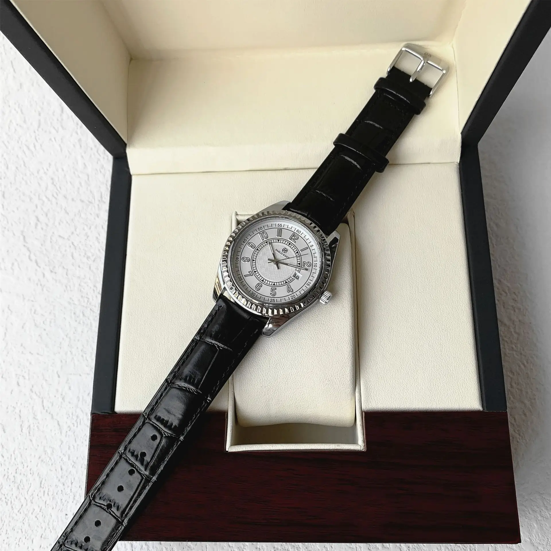 Men's Luminous Quartz Watch with Black Leather Band