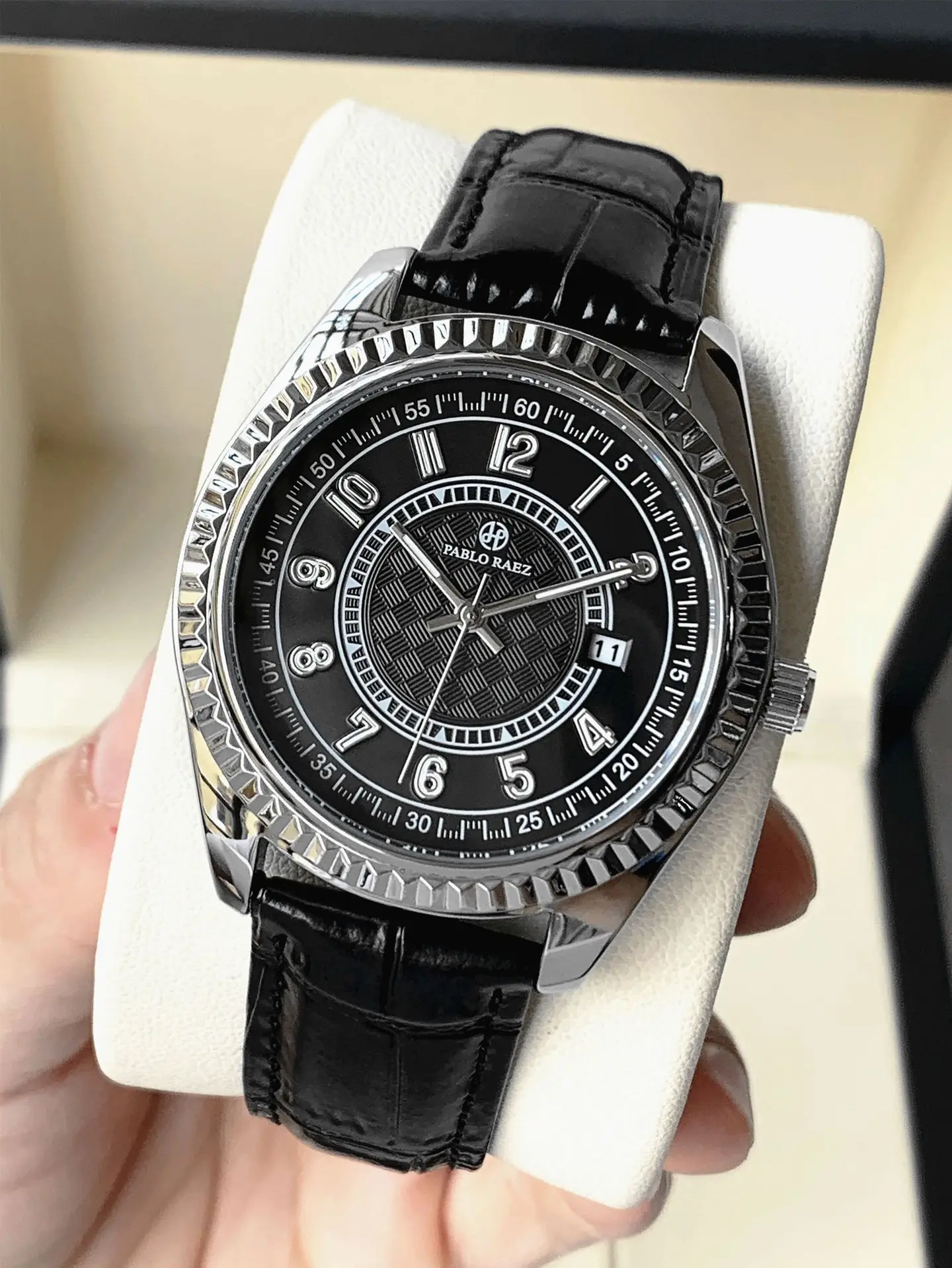 Men's Luminous Quartz Watch with Black Leather Band
