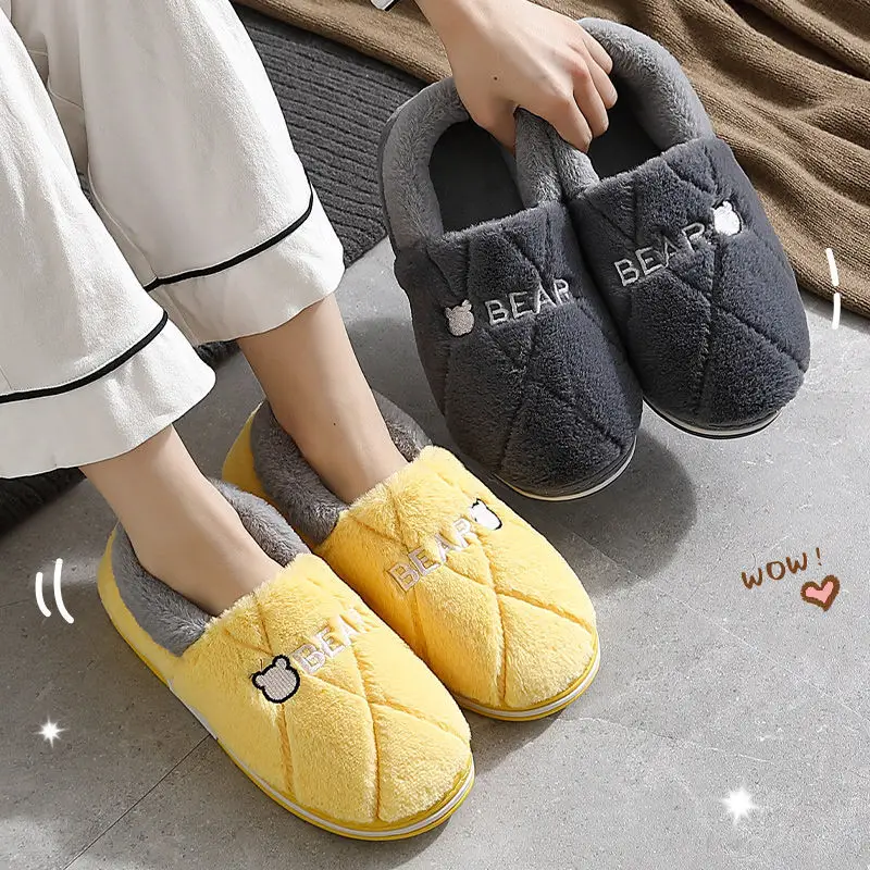 Cotton Slippers with Bag Heel Men's Winter Indoor Home Non-slip Household Warm Wool Plush Cotton Shoes for Couple Women Autumn and Winter