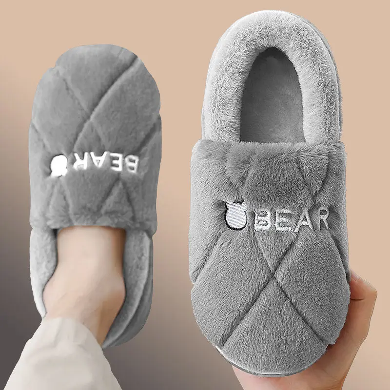 Cotton Slippers with Bag Heel Men's Winter Indoor Home Non-slip Household Warm Wool Plush Cotton Shoes for Couple Women Autumn and Winter