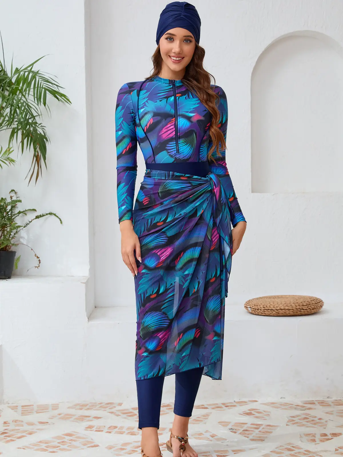 2024 Printed Long Sleeve Muslim Swimsuit with Chest Pad Hat Skirt - Image 6