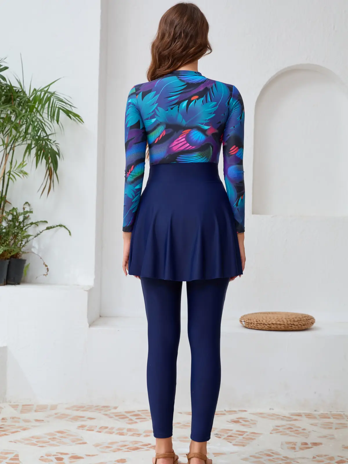 2024 Printed Long Sleeve Muslim Swimsuit with Chest Pad Hat Skirt β feature 7