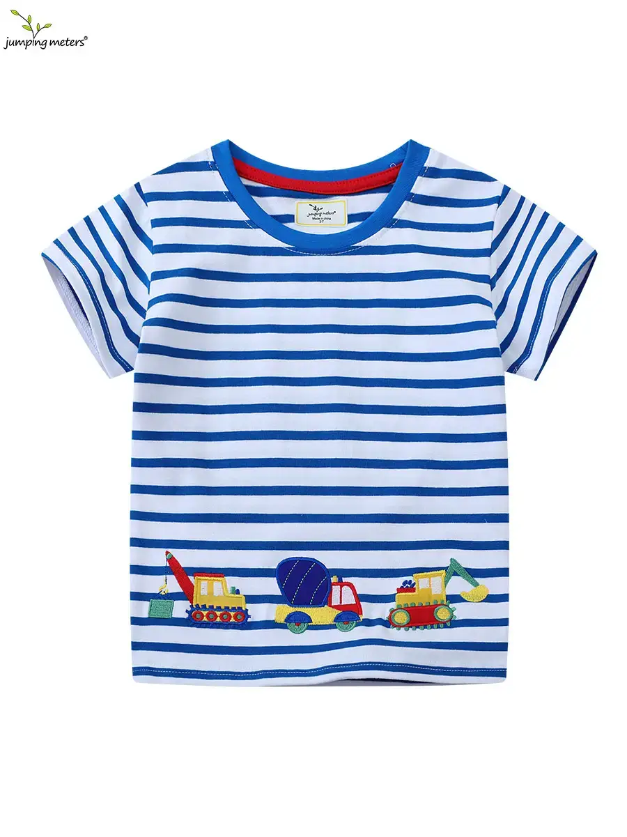 2026 Boys T-Shirt Blue Striped Cartoon Excavator - Image 2