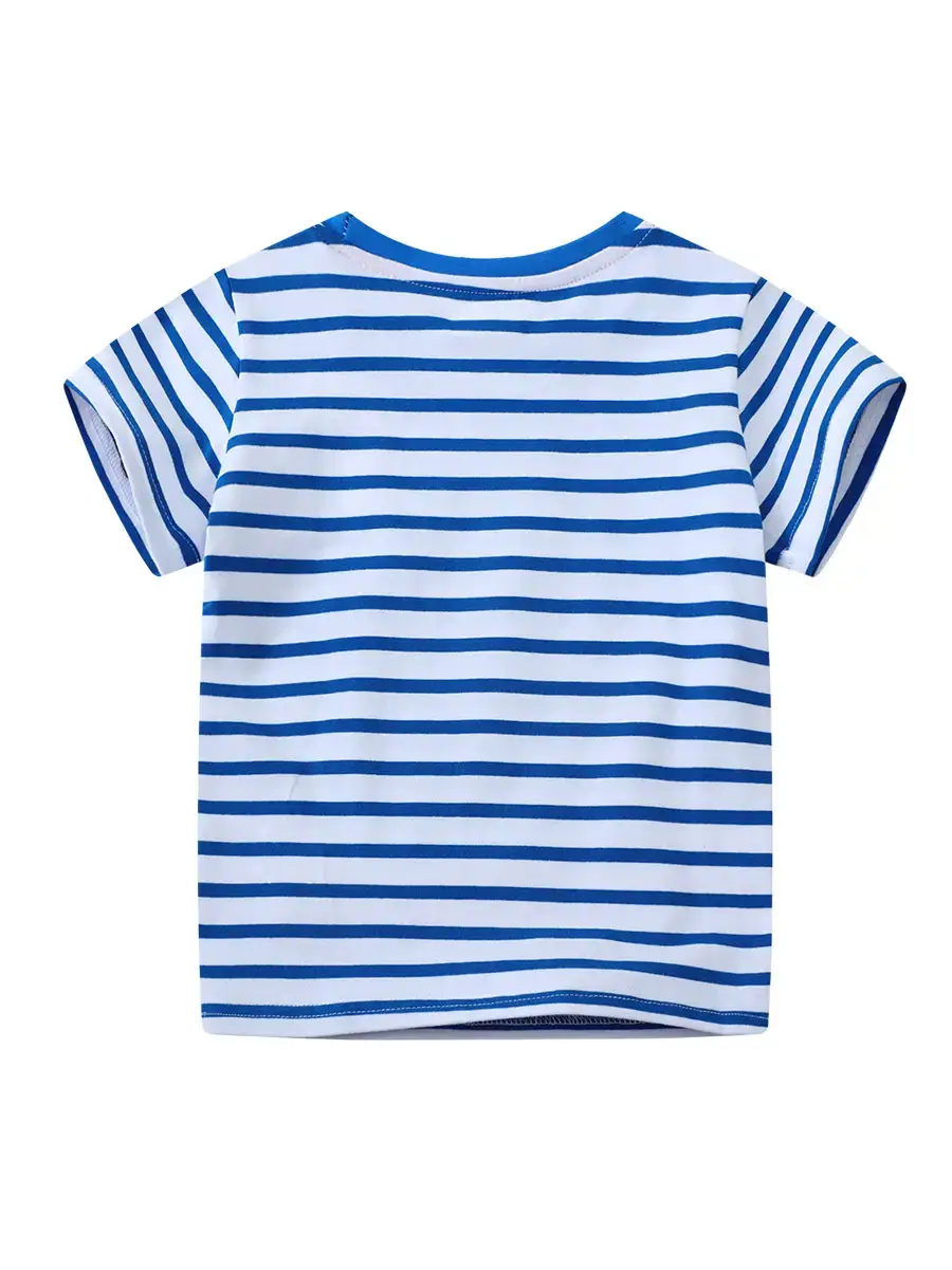2026 Boys T-Shirt Blue Striped Cartoon Excavator - Image 3