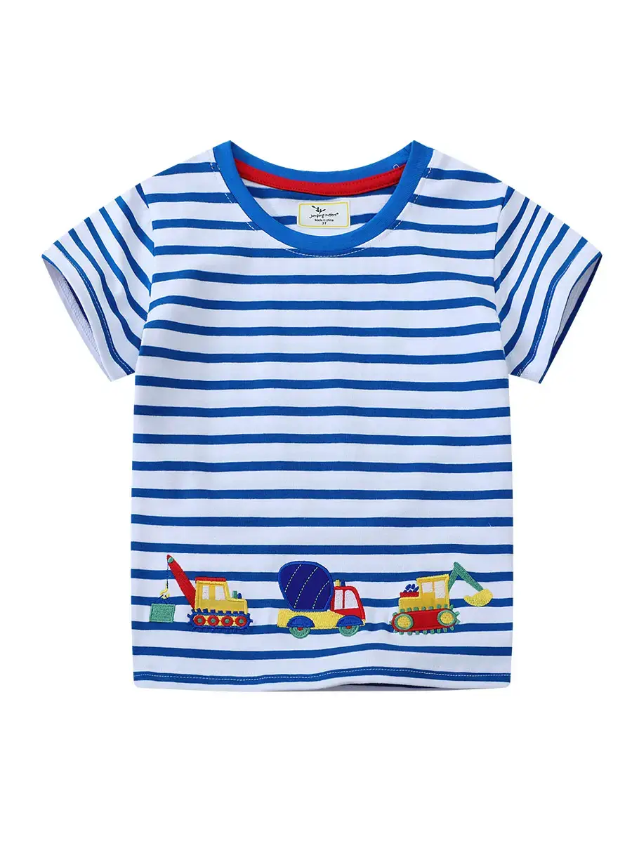 2026 Boys T-Shirt Blue Striped Cartoon Excavator - Image 6