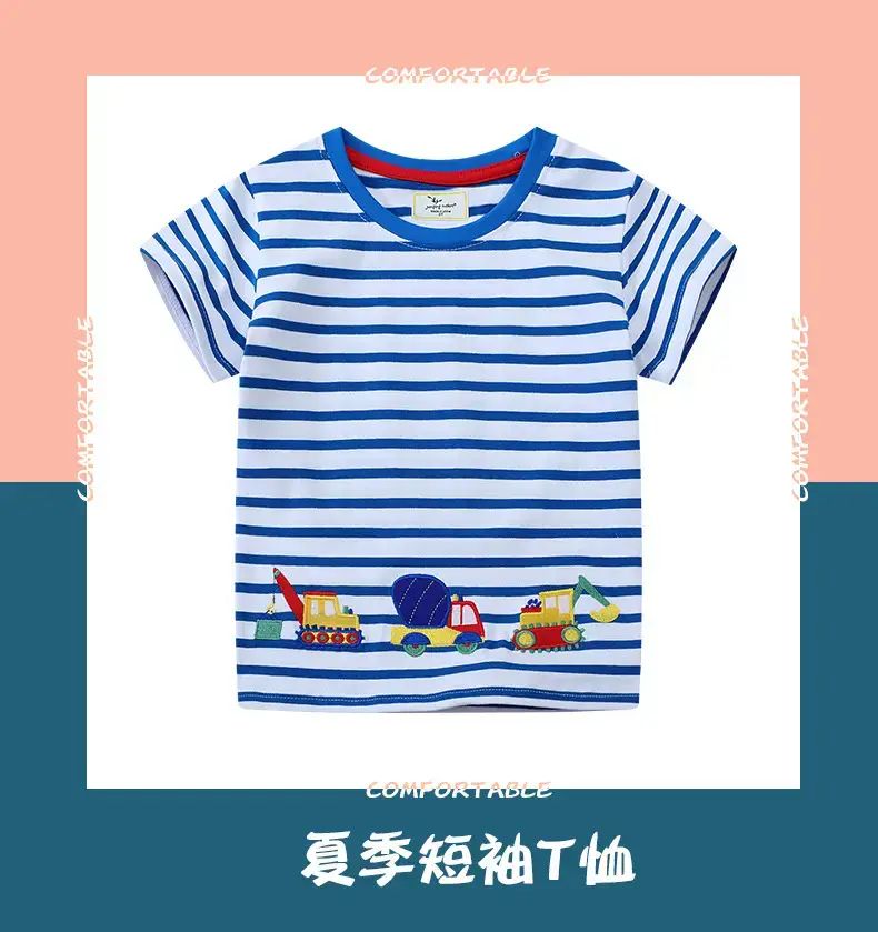 2026 Boys T-Shirt Blue Striped Cartoon Excavator — feature 2