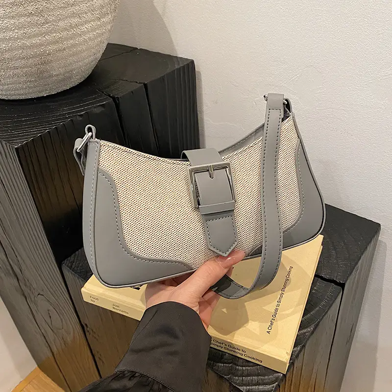 Women's Grey Beige Shoulder Bag with Adjustable Strap - Image 7