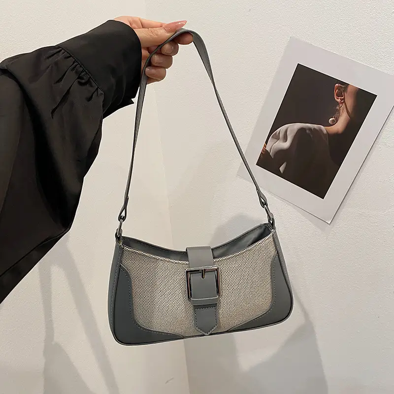 Women's Grey Beige Shoulder Bag with Adjustable Strap - Image 4