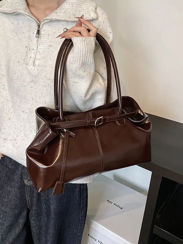 Women's Retro Brown Leather Commuter Tote Bag 2024 - Image 5
