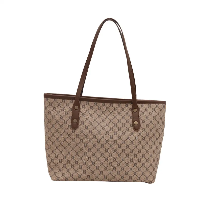 Women's Large Capacity Tote Bag with Brown Monogram Pattern