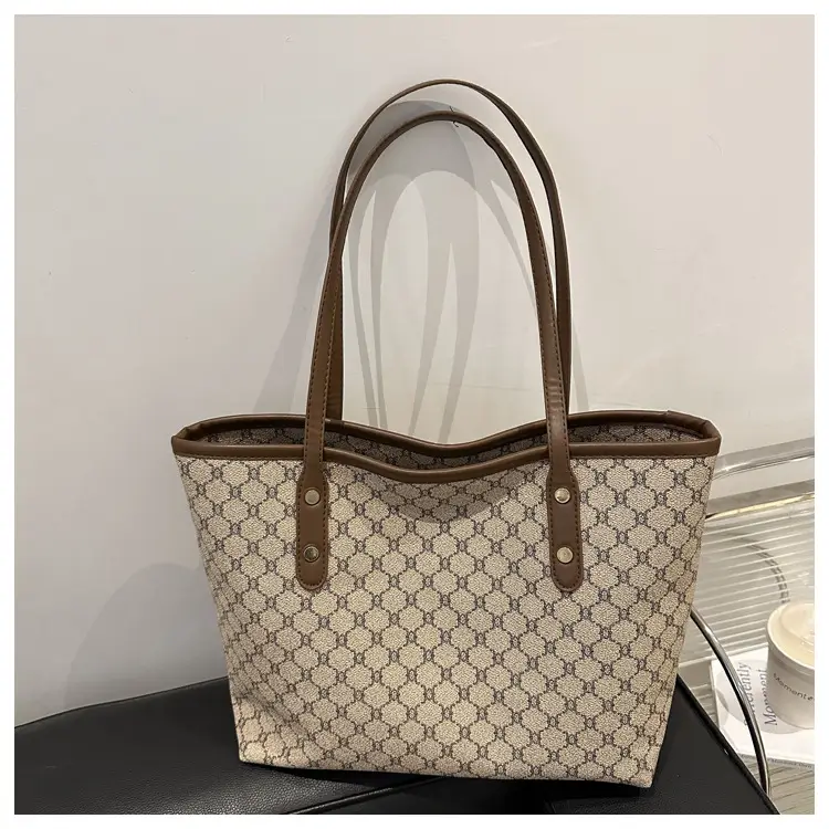 Women's Large Capacity Tote Bag with Brown Monogram Pattern
