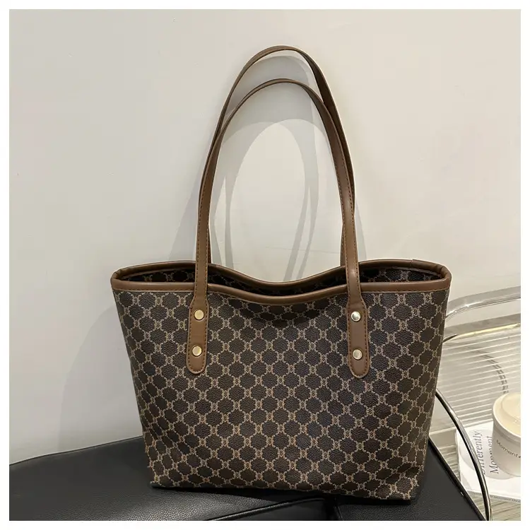 Women's Large Capacity Tote Bag with Brown Monogram Pattern