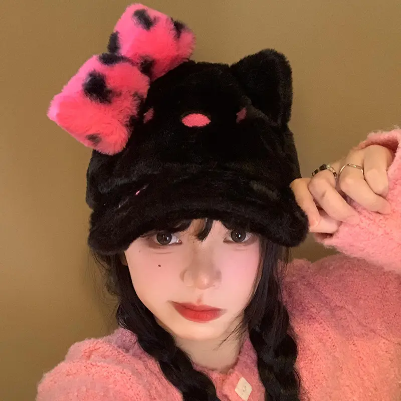 Black Powder Kitty Plush Baseball Cap Women's Autumn Winter Sweet Cool Leopard Bow Cap Face Small Warm Hat - Image 4