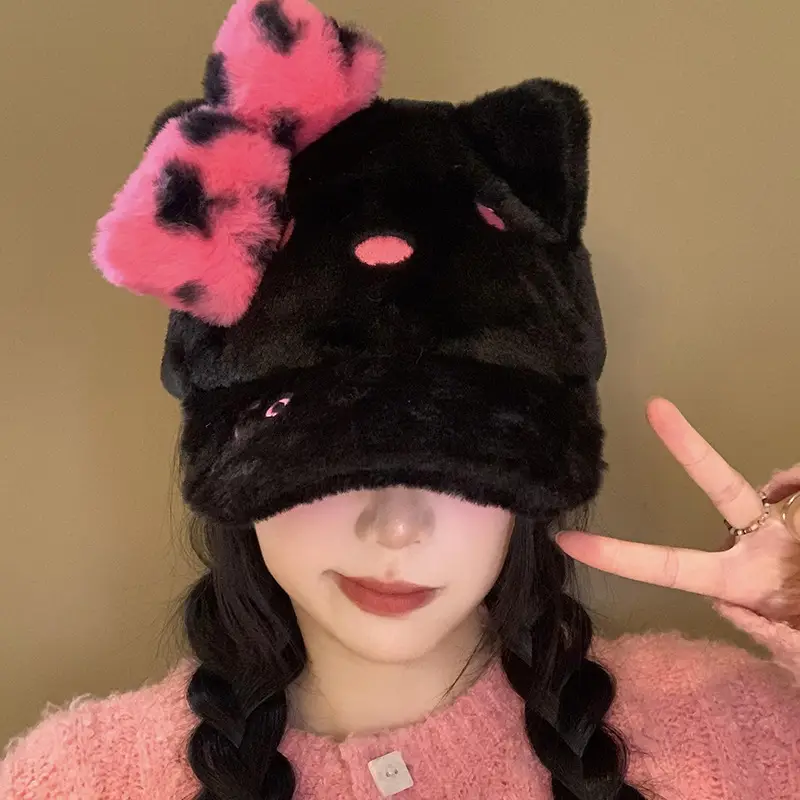 Black Powder Kitty Plush Baseball Cap Women's Autumn Winter Sweet Cool Leopard Bow Cap Face Small Warm Hat - Image 5