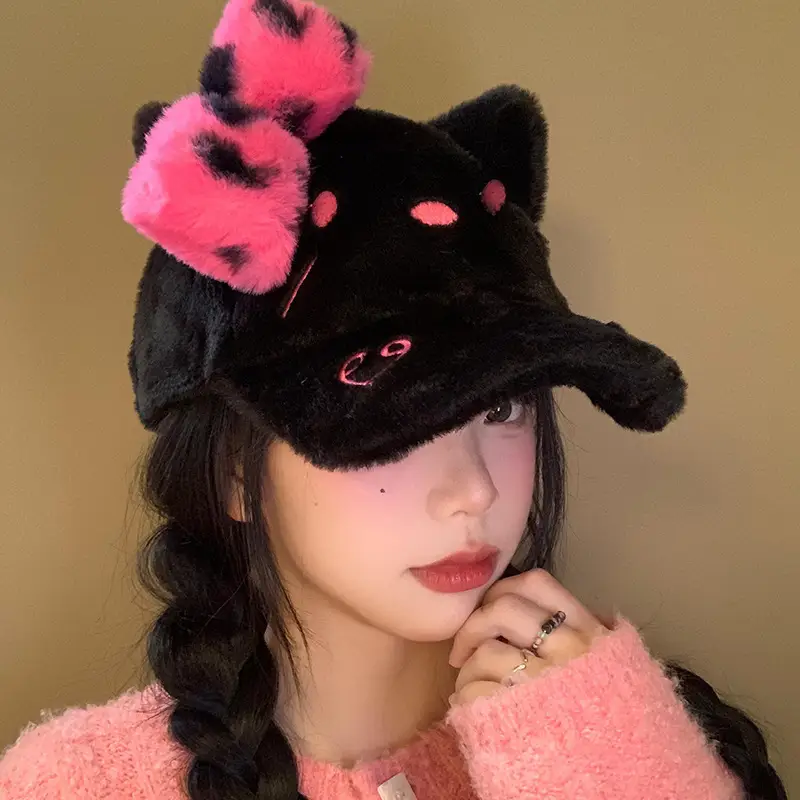 Black Powder Kitty Plush Baseball Cap Women's Autumn Winter Sweet Cool Leopard Bow Cap Face Small Warm Hat - Image 6