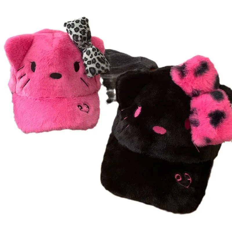 Black Powder Kitty Plush Baseball Cap Women's Autumn Winter Sweet Cool Leopard Bow Cap Face Small Warm Hat - Image 7
