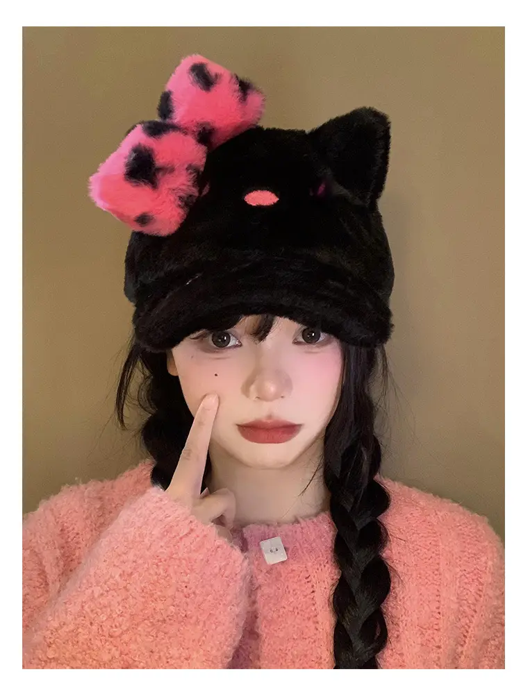 Black Powder Kitty Plush Baseball Cap Women's Autumn Winter Sweet Cool Leopard Bow Cap Face Small Warm Hat — feature 10