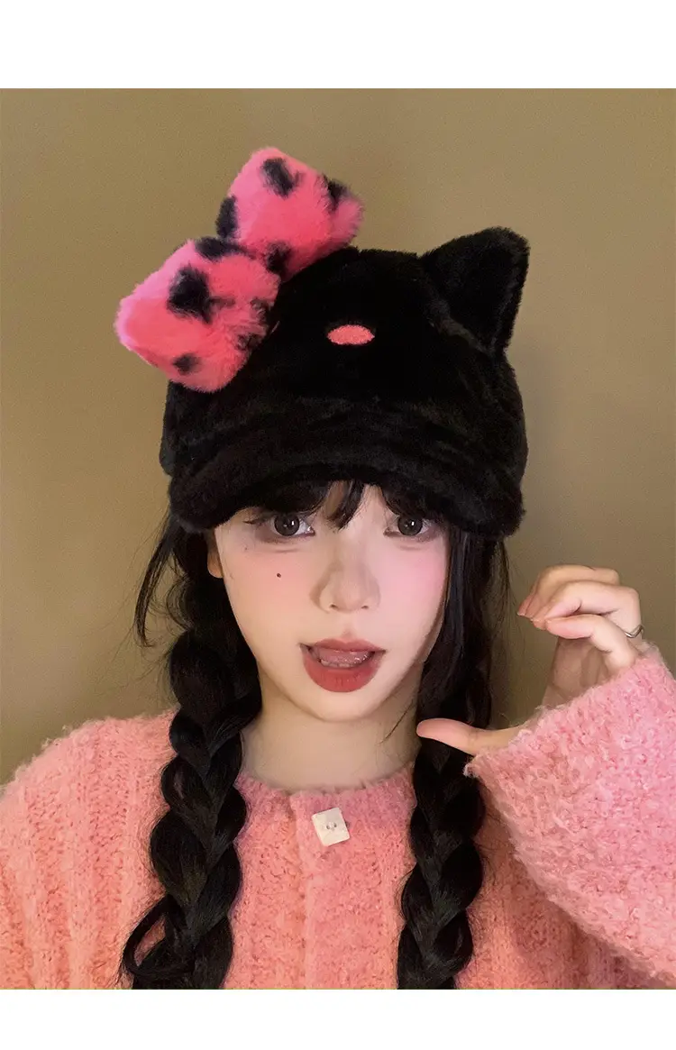 Black Powder Kitty Plush Baseball Cap Women's Autumn Winter Sweet Cool Leopard Bow Cap Face Small Warm Hat — feature 11