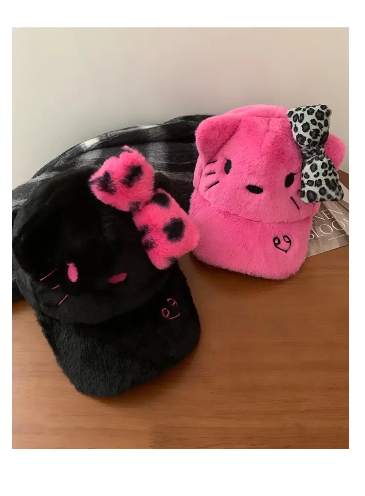 Black Powder Kitty Plush Baseball Cap Women's Autumn Winter Sweet Cool Leopard Bow Cap Face Small Warm Hat — feature 12